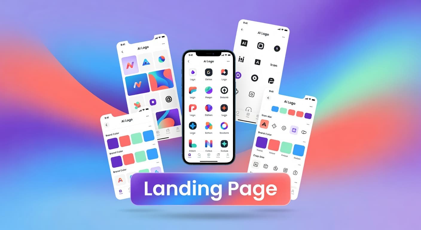 Logify AI logo maker brand collage — generated logos, color palettes, icon designs, and iPhone mockup